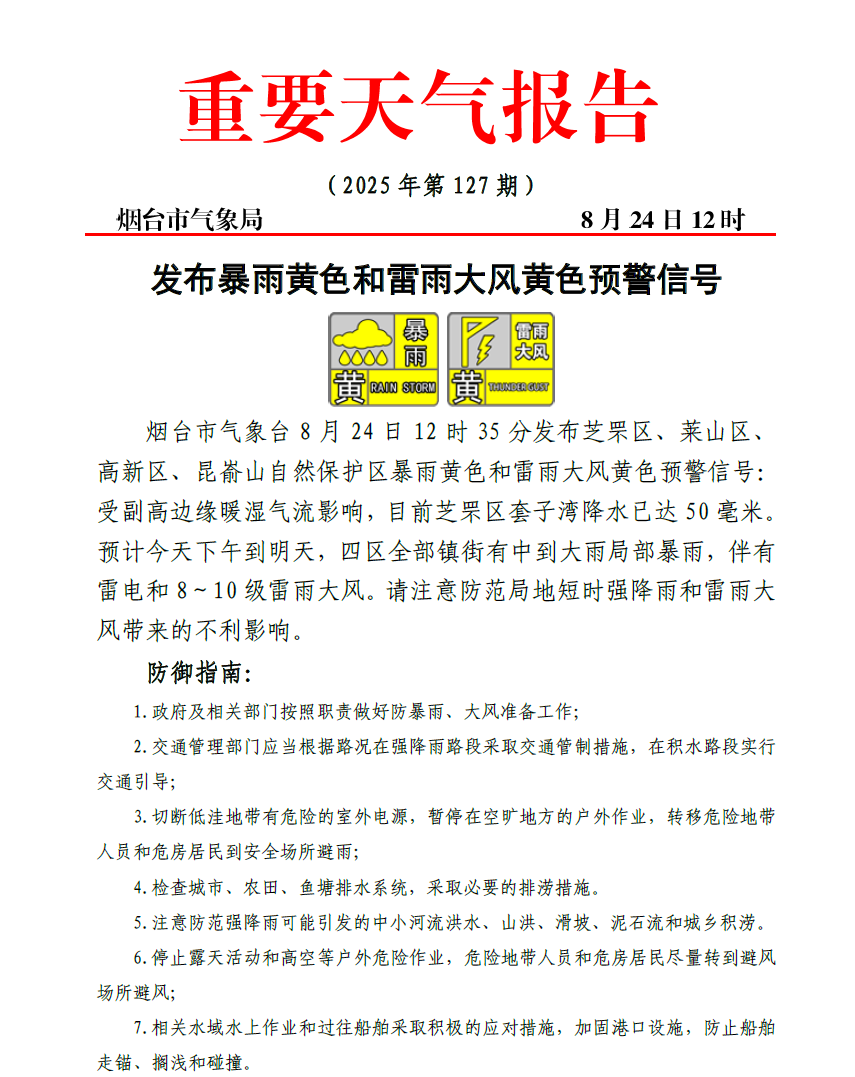 烟台发布暴雨和雷雨大风黄色预警！芝罘套子湾站点降水达50毫米