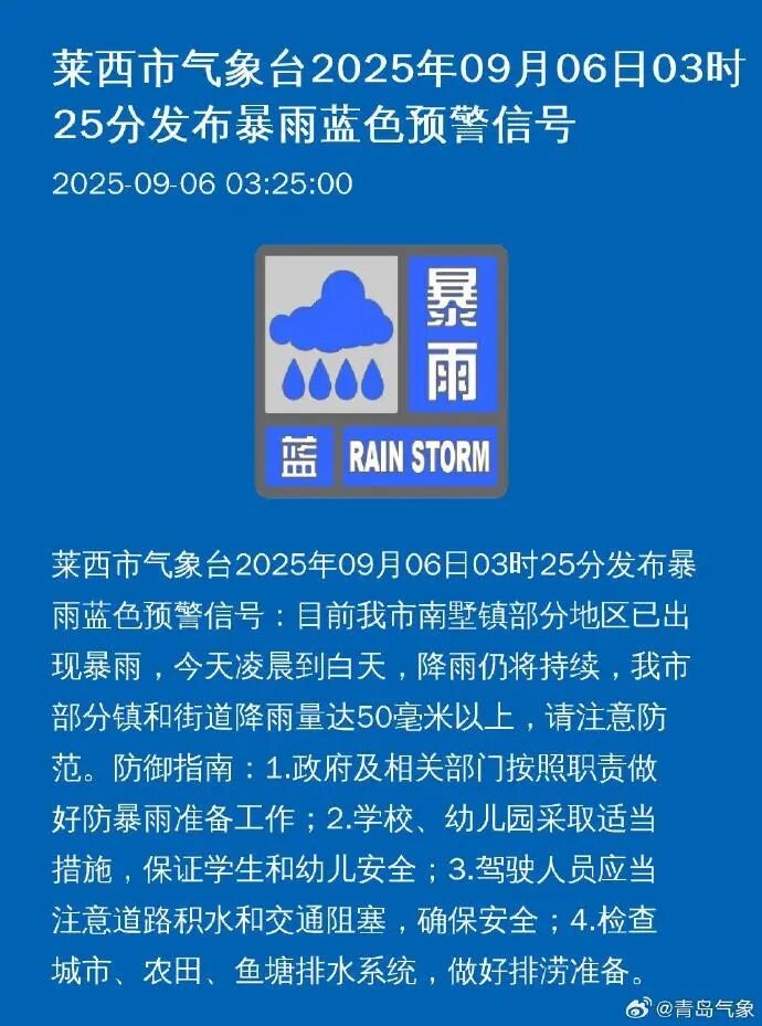 注意防范！青岛两地发布暴雨预警